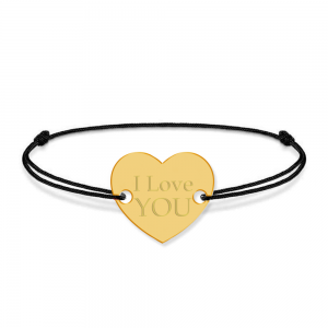 Bratara personalizata din snur negru cu talisman din argint 925 placat cu aur 24k, Inimioara, I Love You, BijuBOX, 15 + 3 cm, Cutiuta inclusa