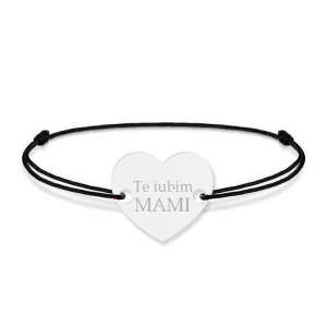 Bratara personalizata din snur negru cu talisman din argint 925, Inimioara, Te iubim mami, BijuBOX, 15 + 3 cm, Cutiuta inclusa