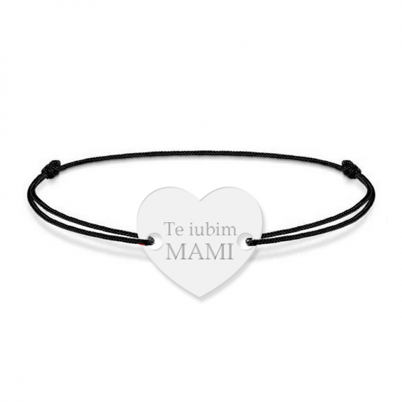 Bratara personalizata din snur negru cu talisman din argint 925, Inimioara, Te iubim mami, BijuBOX, 15 + 3 cm, Cutiuta inclusa