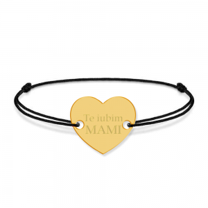Bratara personalizata din snur negru cu talisman din argint 925 placat cu aur 24k, Inimioara, Te iubim mami, BijuBOX, 15 + 3 cm, Cutiuta inclusa