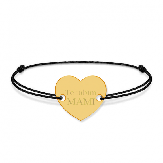Bratara personalizata din snur negru cu talisman din argint 925 placat cu aur 24k, Inimioara, Te iubim mami, BijuBOX, 15 + 3 cm, Cutiuta inclusa