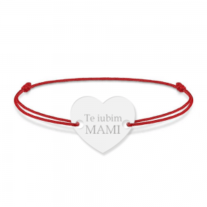 Bratara personalizata din snur rosu cu talisman din argint 925, Inimioara, Te iubim mami, BijuBOX, 15 + 3 cm, Cutiuta inclusa