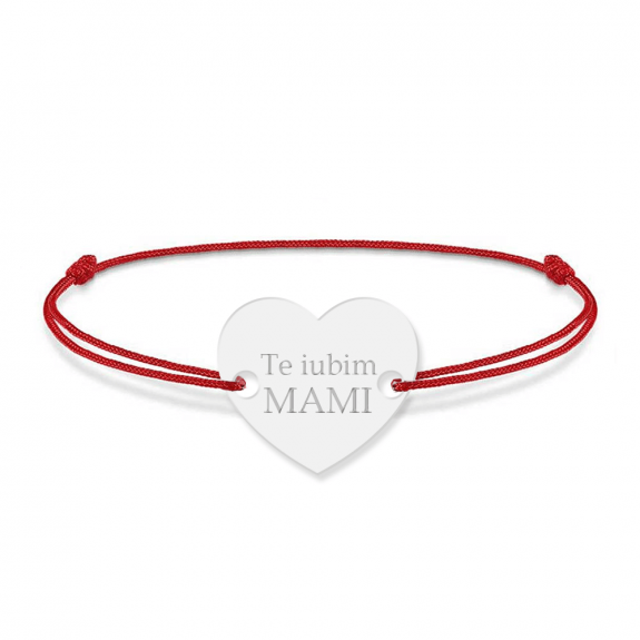 Bratara personalizata din snur rosu cu talisman din argint 925, Inimioara, Te iubim mami, BijuBOX, 15 + 3 cm, Cutiuta inclusa