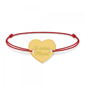 Bratara personalizata din snur rosu cu talisman din argint 925 placat cu aur 24k, Inimioara, Te iubim mami, BijuBOX, 15 + 3 cm, Cutiuta inclusa