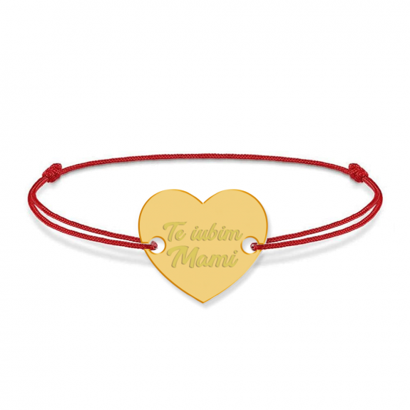 Bratara personalizata din snur rosu cu talisman din argint 925 placat cu aur 24k, Inimioara, Te iubim mami, BijuBOX, 15 + 3 cm, Cutiuta inclusa