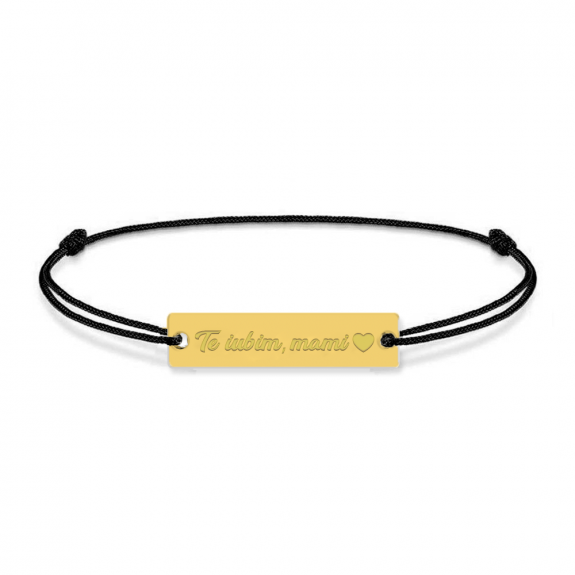 Bratara personalizata din snur negru cu talisman din argint 925 placat cu aur 24k, Placuta, Te iubim mami, BijuBOX, 15 + 3 cm, Cutiuta inclusa