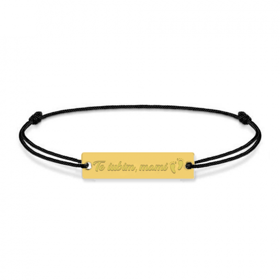 Bratara personalizata din snur negru cu talisman din argint 925 placat cu aur 24k, Placuta, Te iubim mami, BijuBOX, 15 + 3 cm, Cutiuta inclusa