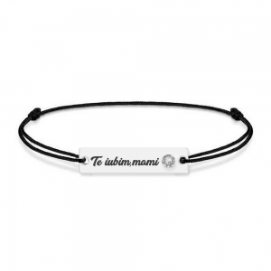 Bratara personalizata din snur negru cu talisman din argint 925 si Cristale , Te iubim mami, BijuBOX, 15 + 3 cm, Cutiuta inclusa