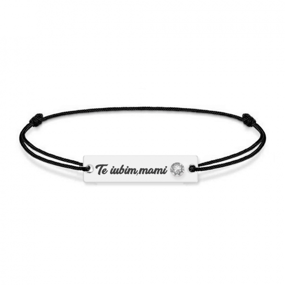 Bratara personalizata din snur negru cu talisman din argint 925 si Cristale , Te iubim mami, BijuBOX, 15 + 3 cm, Cutiuta inclusa