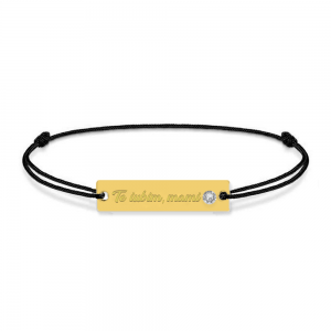 Bratara personalizata din snur negru cu talisman din argint 925 placat cu aur 24k si Cristale , Te iubim mami, BijuBOX, 15 + 3 cm, Cutiuta inclusa