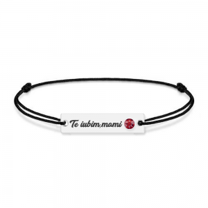 Bratara personalizata din snur negru cu talisman din argint 925 si Cristale , Te iubim mami, BijuBOX, 15 + 3 cm, Cutiuta inclusa