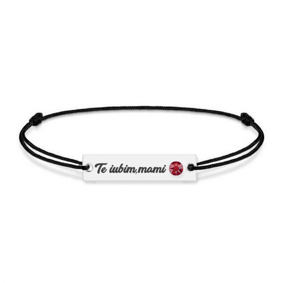 Bratara personalizata din snur negru cu talisman din argint 925 si Cristale , Te iubim mami, BijuBOX, 15 + 3 cm, Cutiuta inclusa