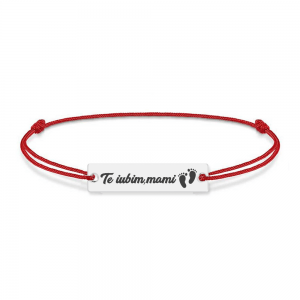 Bratara personalizata din snur rosu cu talisman din argint 925, Te iubim mami, BijuBOX, 15 + 3 cm, Cutiuta inclusa