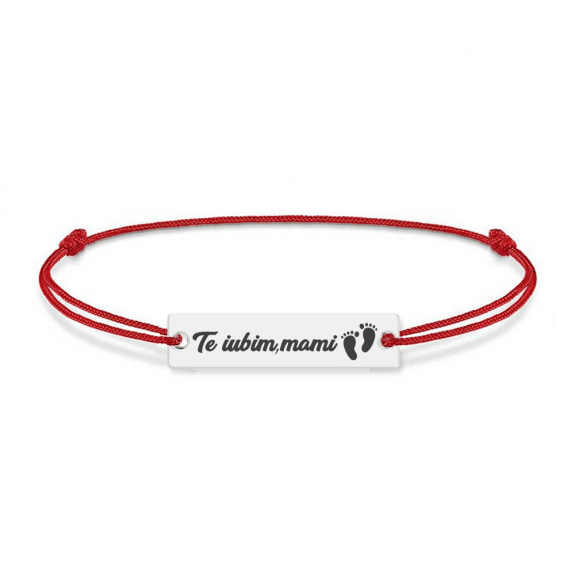 Bratara personalizata din snur rosu cu talisman din argint 925, Te iubim mami, BijuBOX, 15 + 3 cm, Cutiuta inclusa