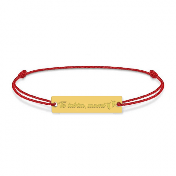 Bratara personalizata din snur rosu cu talisman din argint 925 placat cu aur 24k, Te iubim mami, BijuBOX, 15 + 3 cm, Cutiuta inclusa