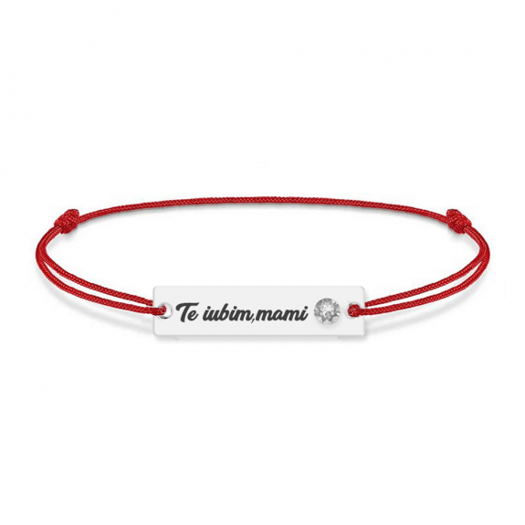 Bratara personalizata din snur rosu cu talisman din argint 925 si Cristale , Te iubim mami, BijuBOX, 15 + 3 cm, Cutiuta inclusa