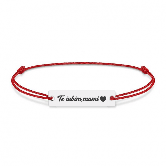 Bratara personalizata din snur rosu cu talisman din argint 925, Te iubim mami, BijuBOX, 15 + 3 cm, Cutiuta inclusa