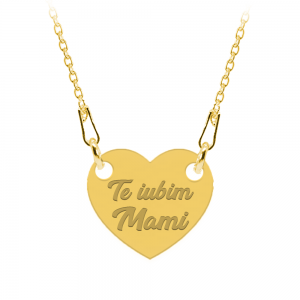 Colier personalizat din argint 925 placat cu aur 24k, Inimioara, Te iubim Mami, BijuBOX, 45 cm, Cutiuta inclusa