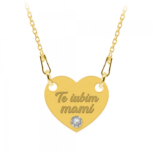 Colier personalizat din argint 925 placat cu aur 24k, Inimioara, Cristale , Te iubim Mami, BijuBOX, 45 cm, Cutiuta inclusa