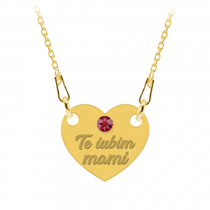 Colier personalizat din argint 925 placat cu aur 24k, Inimioara, Cristale , Te iubim Mami, BijuBOX, 45 cm, Cutiuta inclusa
