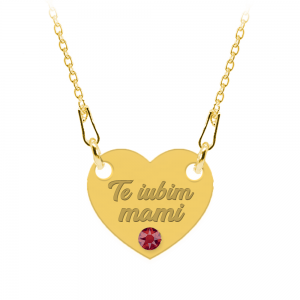 Colier personalizat din argint 925 placat cu aur 24k, Inimioara, Cristale , Te iubim Mami, BijuBOX, 45 cm, Cutiuta inclusa