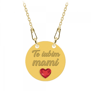 Colier personalizat din argint 925 placat cu aur 24k, Inimioara, Cristale , Te iubim Mami, BijuBOX, 45 cm, Cutiuta inclusa