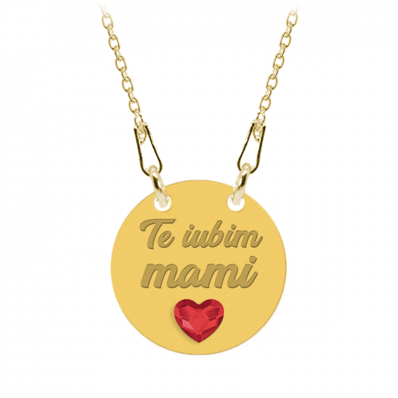 Colier personalizat din argint 925 placat cu aur 24k, Inimioara, Cristale , Te iubim Mami, BijuBOX, 45 cm, Cutiuta inclusa