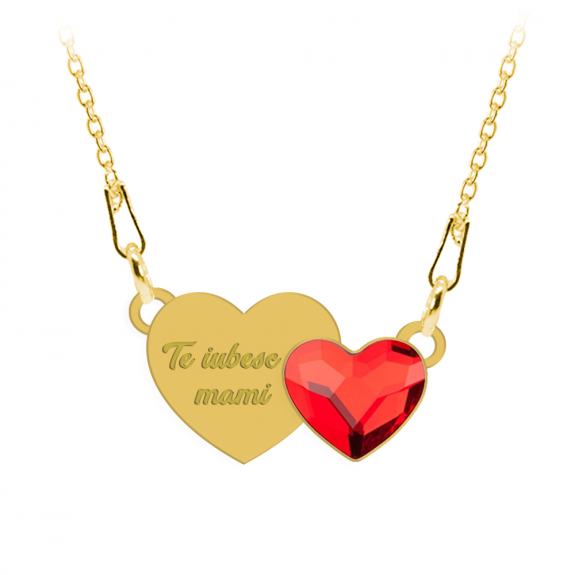 Colier personalizat din argint 925 placat cu aur 24k, Inimioara, Cristale , Te iubesc Mami, BijuBOX, 45 cm, Cutiuta inclusa