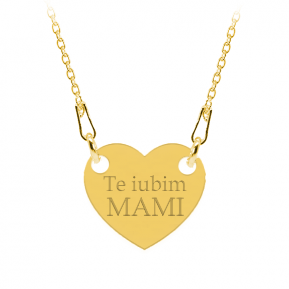 Colier personalizat din argint 925 placat cu aur 24k, Inimioara, Te iubim Mami, BijuBOX, 45 cm, Cutiuta inclusa
