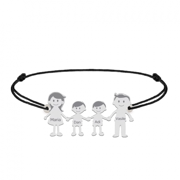 Family - Bratara personalizata snur cu pandantiv din argint membrii familiei - 4 membri Family - Bratara personalizata snur cu pandantiv din argint membrii familiei - 4 membri