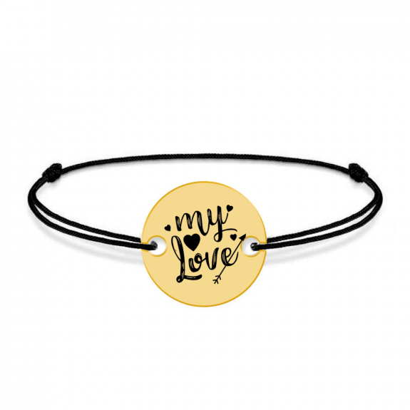 Lover - Bratara snur personalizata banut argint 925 placat cu aur galben 24K cu textul My Love Lover - Bratara snur personalizata banut argint 925 placat cu aur galben 24K cu textul My Love