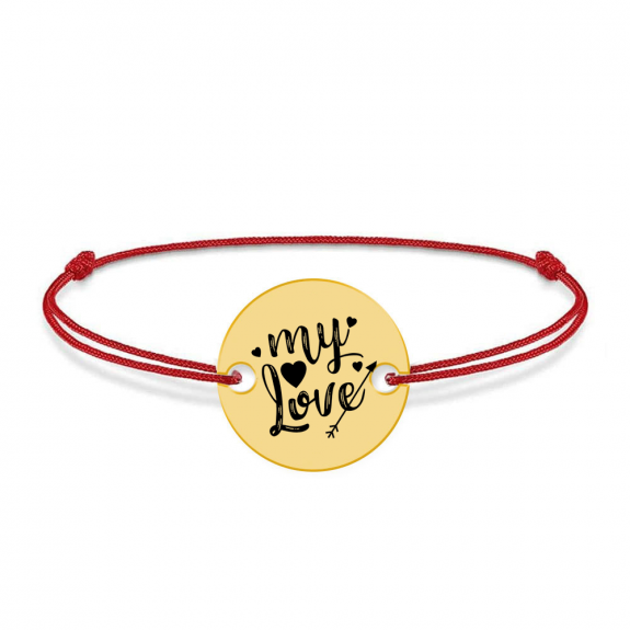 Lover - Bratara snur personalizata banut argint 925 placat cu aur galben 24K cu textul My Love Lover - Bratara snur personalizata banut argint 925 placat cu aur galben 24K cu textul My Love