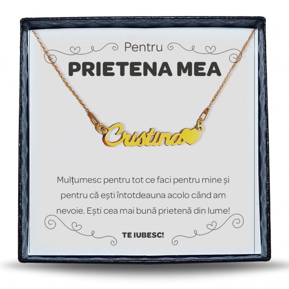 Pentru Prietena - Colier Personalizat cu Nume la alegere din argint placat cu aur 24K + cutiuta cu mesaj personalizat pentru Prietena