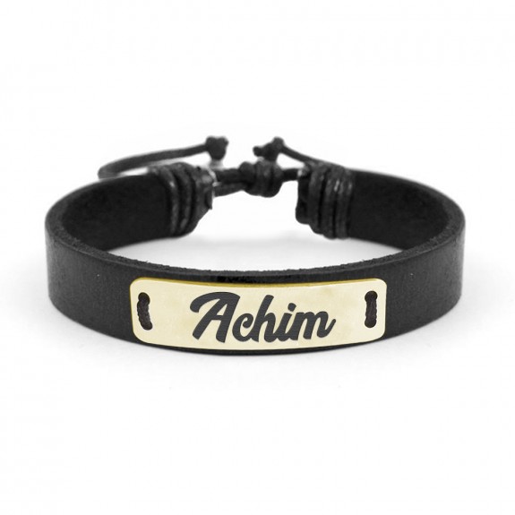 Bratara din piele cu placuta din argint 925, Placat cu aur 24 Karate, Nume Achim , Reglabila, BijuBOX, Cutiuta CADOU Bratara din piele cu placuta din argint 925, Placat cu aur 24 Karate, Nume Achim , Reglabila, BijuBOX, Cutiuta CADOU