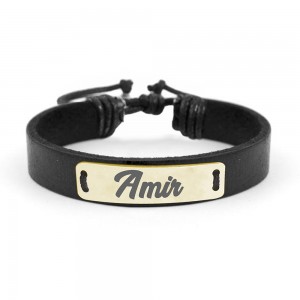 Bratara din piele cu placuta din argint 925, Placat cu aur 24 Karate, Nume Amir , Reglabila, BijuBOX, Cutiuta CADOU