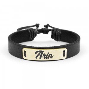 Bratara din piele cu placuta din argint 925, Placat cu aur 24 Karate, Nume Arin , Reglabila, BijuBOX, Cutiuta CADOU
