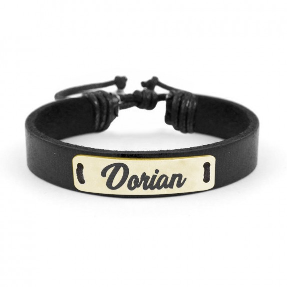 Bratara din piele cu placuta din argint 925, Placat cu aur 24 Karate, Nume Dorian , Reglabila, BijuBOX, Cutiuta CADOU