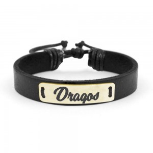 Bratara din piele cu placuta din argint 925, Placat cu aur 24 Karate, Nume Dragos , Reglabila, BijuBOX, Cutiuta CADOU