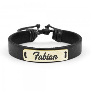 Bratara din piele cu placuta din argint 925, Placat cu aur 24 Karate, Nume Fabian , Reglabila, BijuBOX, Cutiuta CADOU