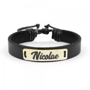 Bratara din piele cu placuta din argint 925, Placat cu aur 24 Karate, Nume Nicolae , Reglabila, BijuBOX, Cutiuta CADOU