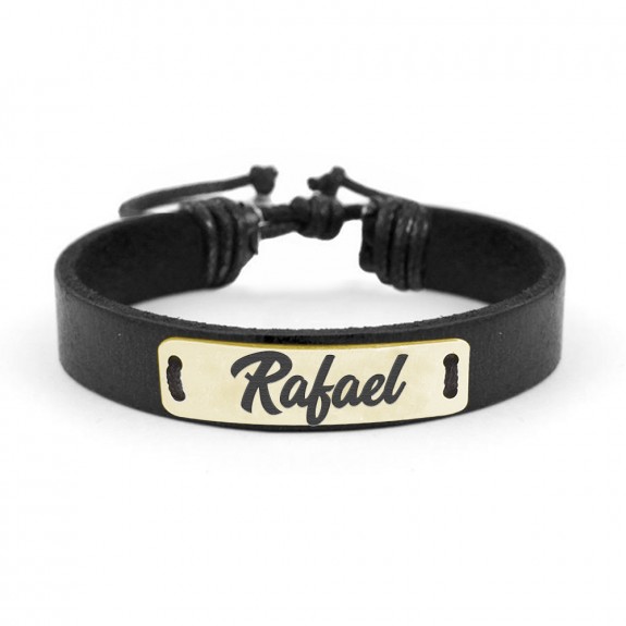 Bratara din piele cu placuta din argint 925, Placat cu aur 24 Karate, Nume Rafael , Reglabila, BijuBOX, Cutiuta CADOU
