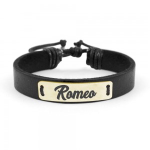 Bratara din piele cu placuta din argint 925, Placat cu aur 24 Karate, Nume Romeo , Reglabila, BijuBOX, Cutiuta CADOU