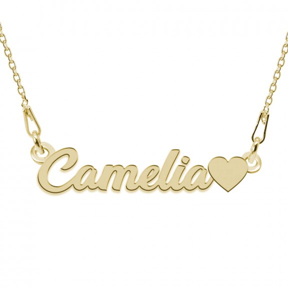 Colier Argint Placat cu Aur 24 karate, Inimioara, Nume Camelia, BijouxMAG, 45 cm