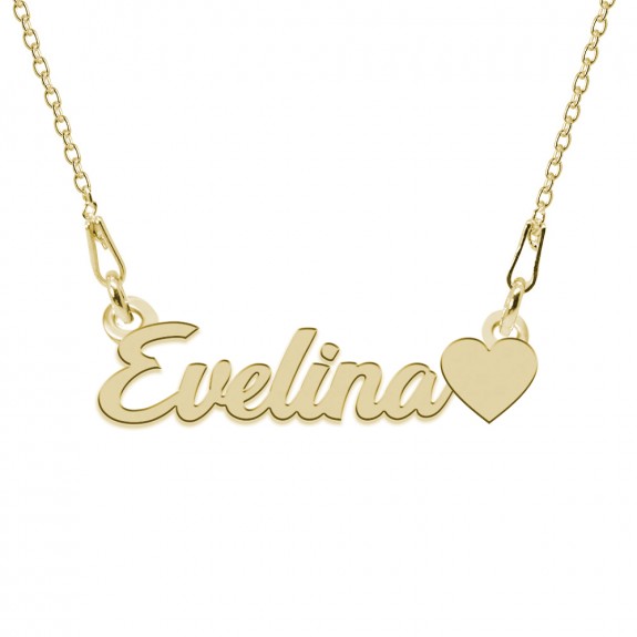 Colier Argint Placat cu Aur 24 karate, Inimioara, Nume Evelina, 45 cm