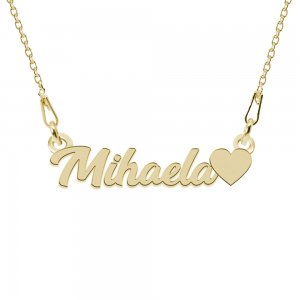 Colier personalizat numele Mihaela cu inimioara din argint 925 placat cu aur galben 24 karate