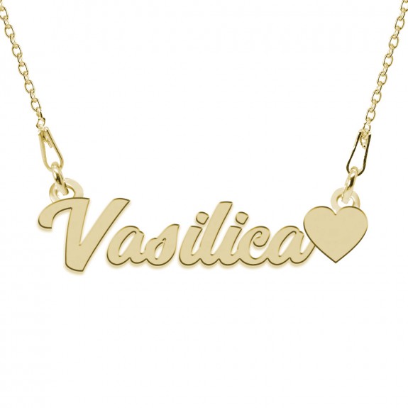 Colier Argint Placat cu Aur 24 karate, Inimioara, Nume Vasilica, 45 cm