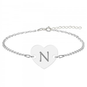 Bratara din argint 925 cu inimioara, litera N, dimensiune 15 + 5 cm, BijuBOX