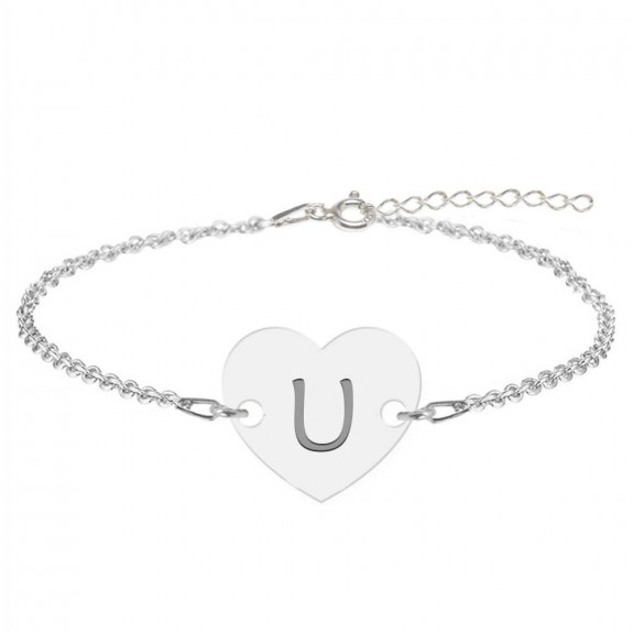 Bratara din argint 925 cu inimioara, litera U, dimensiune 15 + 5 cm, BijuBOX