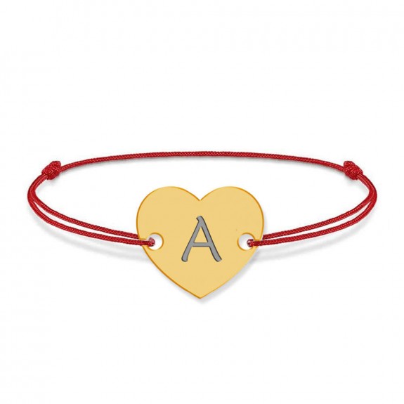 Bratara din argint 925 placat cu aur de 24 karate, Inimioara, litera A, dimensiune reglabila (nod snur), BijuBOX