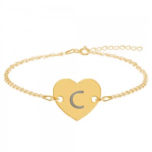 Bratara din argint 925 placat cu aur de 24 karate, Inimioara, litera C, dimensiune 15 + 5 cm, BijuBOX